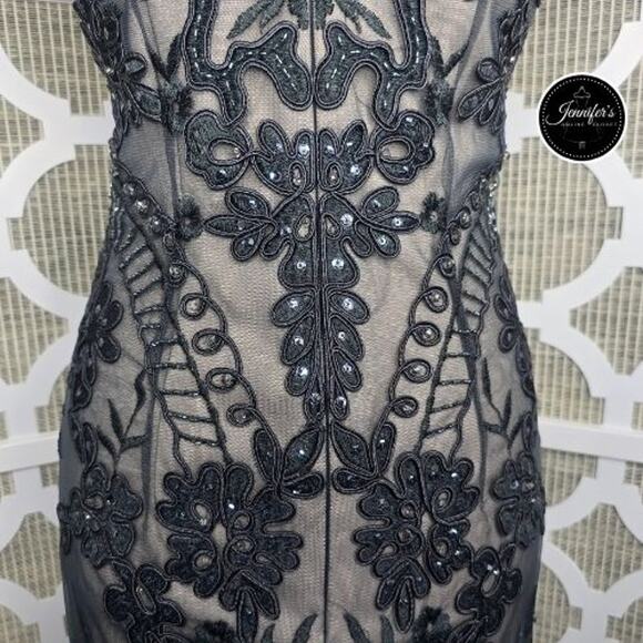 Cachet Charcoal Applique Illusion Tulle Mermaid Evening Gown Size 4 - Picture 10 of 16